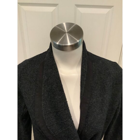 Guinevere Dark Gray 100% Wool Asymmetrical Cardigan W/ Leather Trim, Size Small - Picture 2 of 7